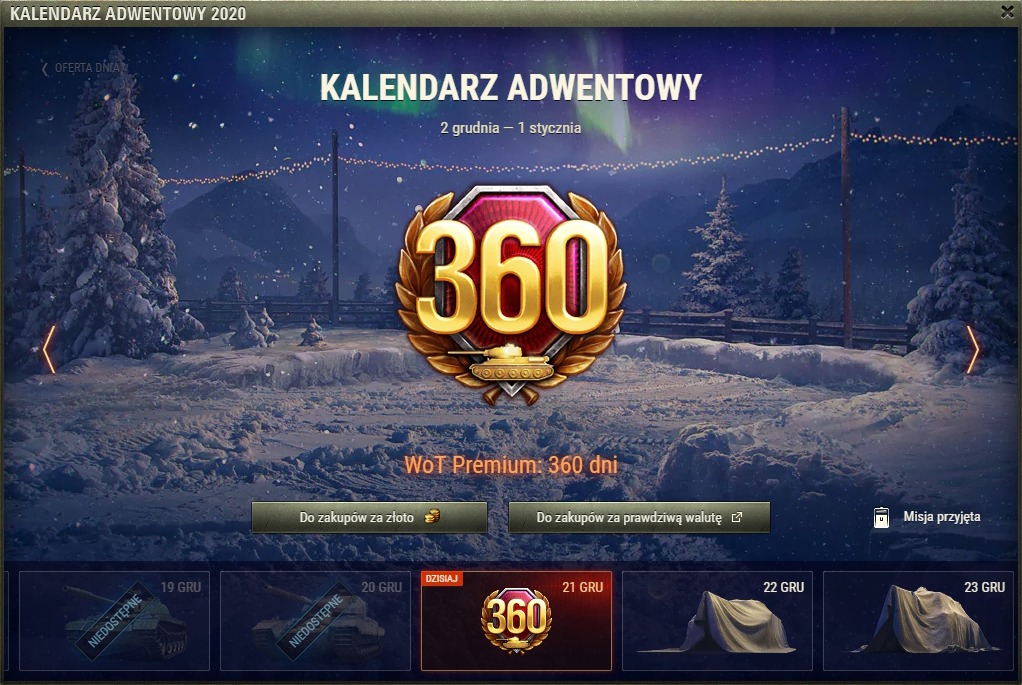 Kalendarz adwentowy 2020: 360 dni Konta Premium WoT, misja dnia